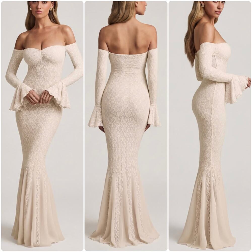 Oh Polly Verena Off-Shoulder Ruffle Lace Maxi Dress in Ivory Size XXS New